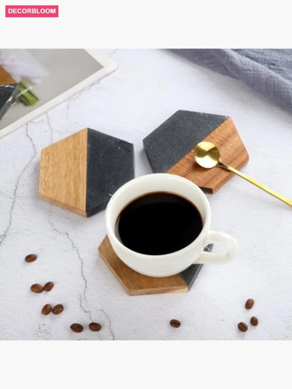 Set of 4 Hexagon Acacia Wood and Marble Coasters for Drinks, Modern Rustic Bar